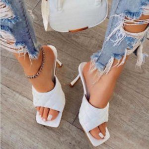 TROPEZ SQUARE TOE QUILTED HEEL MULE IN WHITE FAUX